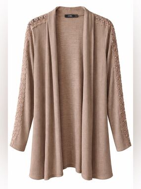 Cure Open-Front Lace-Trim Cardigan Sweater in Taupe